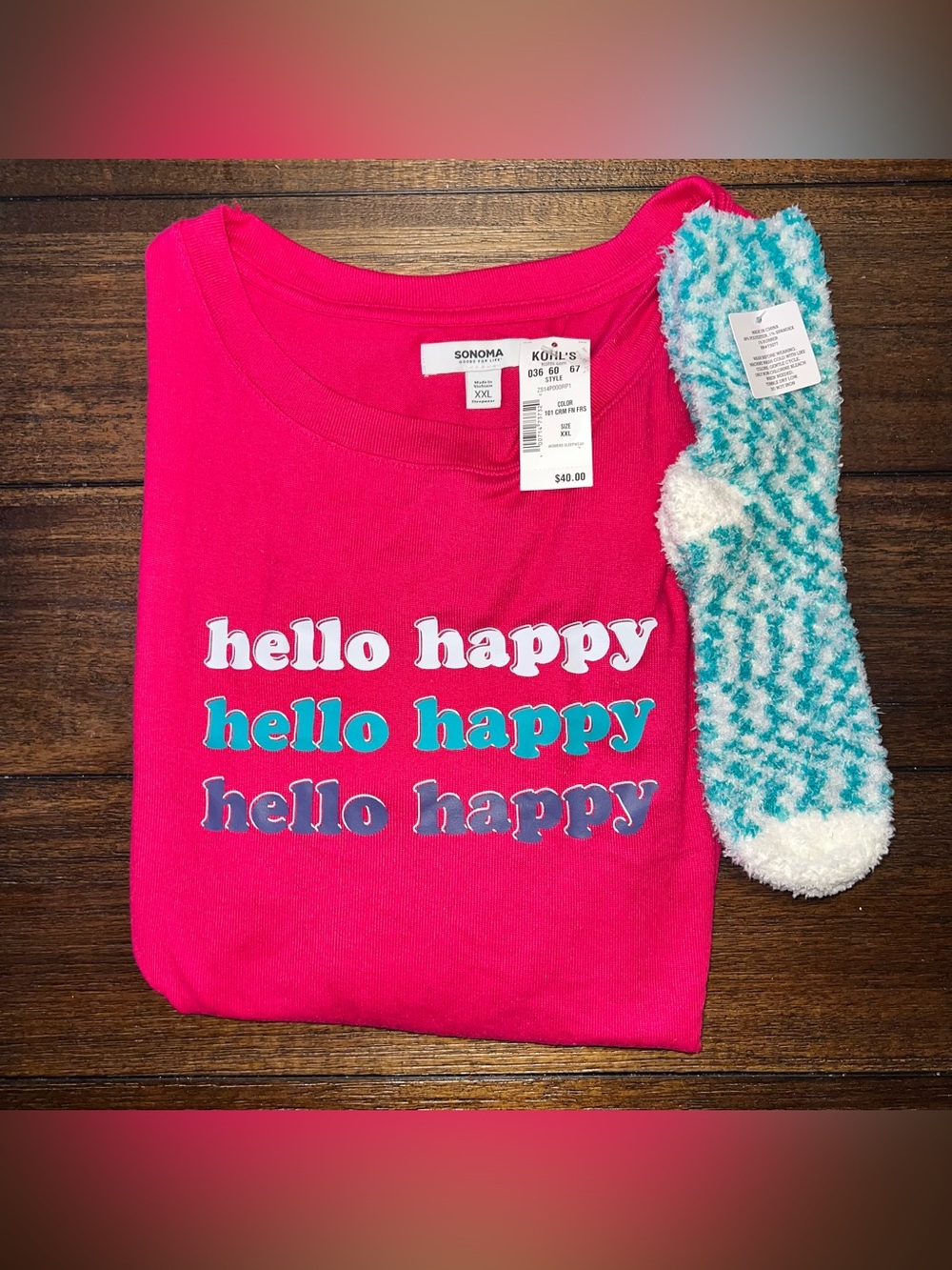 SONOMA Bright Pink "Hello Happy" Women’s Pajama Top w/ Socks